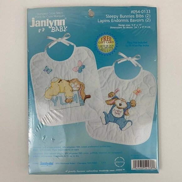 Janlynn Baby Stamped Cross Stitch Kit Baby Bibs Sleepy Bunny Rabbit Infant - Picture 1 of 9